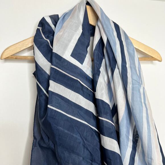 Cuyana Large Navy Blue Light Blue Pink Grey Striped Cotton/Silk Scarf Italy - Picture 2 of 10